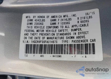 2015 Honda Accord Hybrid Ex-L из США, поврежденный, VIN 1HGCR6F56FA014675